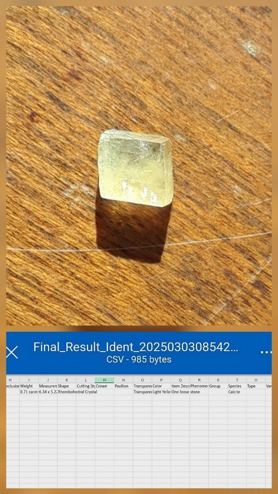 Golden calcite crystal GIA certificate(based on a 0.71 carat weight sample)