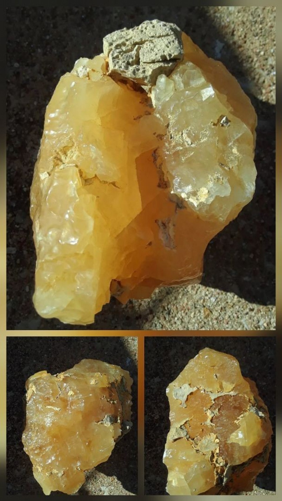 GIA-certified 76 oz Lustrous translucent large golden rhombohedral crystals of calcite in a stacking formation. Fluorescent golden rich. $6000